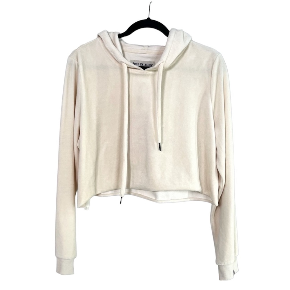 TRUE RELIGION Velour Cropped Pullover Hoodie in Pearl size Large